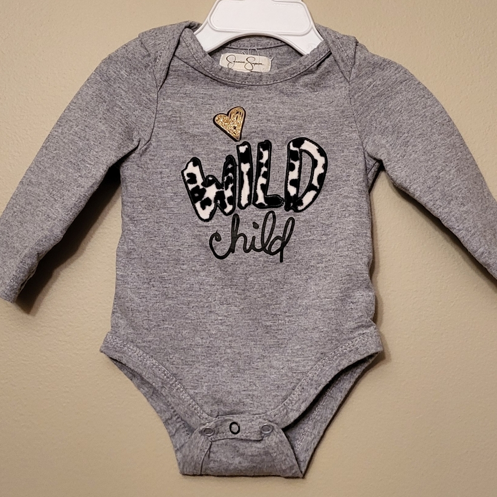 Jessica Simpson grey "Wild Child" long sleeve onesie/bodysuit